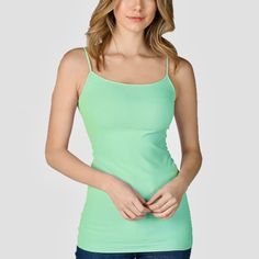 - Nikibiki Long Camisole - Color: Mint - Seamless Camisole - One Size Fits All - 92% Nylon / 8% Spandex - Made In The Usa Basic Cami Tank Top With Built-in Bra, Fitted Green Tank Top With Built-in Bra, Spring Fitted Camisole With Wide Straps, Green Cami Tank Top, Spring Green Camisole With Straps, Green Sleeveless Camisole With Straps, Green Cotton Camisole With Tank Straps, Spring Stretch Tops With Wide Straps, Spring Tops With Wide Straps And Stretch