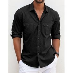 Season:Spring  Summer; Fabric:65%Cotton 35%Polyester; Sleeve Length:Long Sleeve; Look After Me:Washable,Wet and Dry Cleaning; Gender:Men's; Style:Fashion,Comfortable; Tops Type:Beach Wear,Summer Shirt,Western Shirt,Button Up Shirt,Casual Shirt,Shirt; Occasion:Vacation,Holiday,Daily,Casual,Streetwear; Pattern:Plain; Design:Pocket; Neckline:Lapel; Listing Date:06/29/2023; Bust:; Length:; Shoulder Width:; Sleeve: Black Long Sleeve Shirt With Buttoned Pockets, Beach Button-up Shirt With Pockets, Button-up Beach Shirt With Pockets, Beach Shirt With Spread Collar And Pockets, Vacation Shirt With Spread Collar And Pockets, Casual Beach Shirt With Roll-up Sleeves, Casual Collar Shirt With Pockets For Vacation, Casual Solid Shirt With Buttoned Pockets, Casual Shirt With Buttoned Pockets And Casual Collar