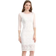 Whether you wear it to a wedding, a holiday party, or on a hot date. This dress is what you absolutely need for any party! A floral neck, mesh see-through sleeves, solid color, body-con pencil dress. Its sweet style shows your unique personal charm and produces a great visual effect. This dress is a great gift showing your love for your wife or girlfriend. White Lace Bodycon Dress, Stretch Lace Fabric, Sheer Long Sleeve, Vintage Flare, Lace Bodycon, Lace Bodycon Dress, Sheer Sleeves, Pencil Dress, Lace Design