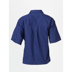 the back view of a blue shirt with short sleeves and an open collar, on a white background