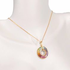 18K Gold Rainbow Tapered Baguette Gemstone Circle Pendant Rolex Daytona Watch, Circle Of Life, Circle Pendant, 18k Gold, Rainbow, Gemstones, Pendant, Gold, Color