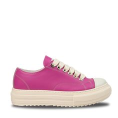 Make a bold fashion statement with the “Atlante” low-top sneakers in fuchsia leather. Crafted from high-quality fuchsia leather, these sneakers feature a chunky beige rubber sole that provides both style and comfort. The low-top design, thick laces, and metal eyelets add a modern touch, while the vibrant fuchsia color ensures you stand out wherever you go. Paired with the cream sole, these sneakers are a perfect combination of playful and stylish. • Main Material: Premium fuchsia leather • Detai Pink Leather Chunky Sneakers For Streetwear, Pink Leather Platform Sneakers For Streetwear, Pink Leather High-top Sneakers With Vulcanized Sole, Pink Low-top Chunky Sneakers With Rubber Sole, Pink Leather Low-top Chunky Sneakers, Pink Custom Sneakers With Textured Sole, Pink Leather Chunky Sneakers With Rubber Sole, Pink Low-top Platform Sneakers With Contrast Sole, Pink Leather High-top Sneakers With Textured Sole