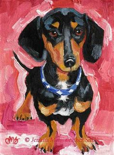 a painting of a dachshund dog with a blue collar sitting in front of a pink background