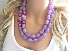 "A classic color that never goes out of style! Lavender / light purple beaded necklace and earring set. Necklace is 16 inches long with a 4 inch extender chain. Earrings are 2\" drop, a matching lavender bead with a fish hook style hardware. Thank you for supporting handmade and small American business! Hate to wait? Me too! I ship 6 days a week. Like this style but prefer another color? Check out our other BIG BEAD necklaces: https://www.etsy.com/shop/PolkaDotDrawer?ref=hdr_shop_menu&search Elegant Purple Necklace With Large Beads, Purple Large Beaded Necklace, Handmade Purple Beaded Necklace For Weddings, Purple Large Beads Jewelry For Gift, Purple Large Beads Jewelry Gift, Gift Purple Large Beads Jewelry, Elegant Purple Beaded Necklace For Wedding, Purple Beaded Necklace, Purple Bead Necklace