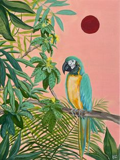 a painting of a parrot perched on a branch