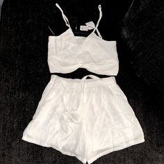 Never Worn 2-Piece Set. Crop Top And Flowy Shorts With A Belt White Two-piece Tops For Spring, White Matching Set Bottoms For Vacation, White Summer Set For Brunch, Summer White Two-piece Set, White Two-piece Summer Set, Chic Crop Top For Vacation, Chic Short Crop Top For Vacation, White Two-piece Beach Bottoms Set, White Two-piece Beach Bottoms