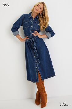 Denim is always an iconic choice, so elevate your seasonal wardrobe with the Lulus Edgy Instinct Dark Wash Denim Long Sleeve Midi Dress! Sturdy cotton denim shapes this undeniably cool dress that has long sleeves with snap-button cuffs and a collared neckline. Bodice boasts two flap pockets with snap closures and a full snap button placket at front. Waist features belt loops and a removable sash belt, atop a column-style skirt that ends at a midi hem. Fit: This garment fits true to size. Length: Denim Winter Dress, Indigo Cotton Denim Dress For Fall, Medium Wash Denim Dress For Fall, Dark Wash Cotton Denim Dress For Fall, Relaxed Fit Denim Dresses For Fall, Fall Medium Wash Denim Dress, Fall Midi Denim Dress In Medium Wash, Fitted Cotton Denim Dress For Winter, Cotton Denim Midi Dress In Medium Wash