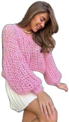 Hand Knitted V-neck Sweater For Fall, Long Sleeve Acrylic Knitted Sweater, Cozy Cropped Sweater With Open Knit, Cozy Open Knit Long Sleeve Cropped Sweater, Pink Chunky Knit Cropped Sweater For Fall, Cozy Cropped Sweater With Open Knit Long Sleeves, Pink Chunky Knit Acrylic Sweater, Long Sleeve Soft Knit Acrylic Sweater, Spring Mohair V-neck Sweater