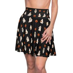 Spooky Halloween skater skirt with cute vintage ghost print including fall leaves and jack-o-laterns. Whether you are dressing up or feeling flirty and playful, this unique skirt provides a cozy, soft touch and a relaxed look complete with four way stretch for extra comfort. This skirt will instantly become an eye-catching addition to your wardrobe and an everyday favorite. Our designs are meant to add that magical touch of whimsy to your outfit that will stand out in an extraordinary way. .: 95% Polyester 5% Spandex (Polyester fibers are extremely strong, resistant to most chemicals, stretching and shrinking) .: 4" wide high-rise elastic waistband .: Versatile fit .: Printed on care label in black color .: White thread color .: Assembled in the USA Halloween Skirt For Alternative Fashion, Alternative Fashion Halloween Skirt, Casual Halloween Skirt, Spooky Crew Neck Top With Character Print, Spooky Short-sleeve Fall Shirt, Unique Skirt, Spooky Vintage, Ghost Pattern, Halloween Skirt