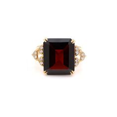 This is part of Chairish’s Fine Jewelry assortment.  Garnet Diamond Cocktail Ring in 14K Gold featuring natural garnet of 10.7 carats and diamonds of 0.1 carats. The gorgeous handcrafted ring goes with every style. Garnet helps with love and relationships because its red color symbolizes a strong love or romantic connection.  Designed with octagon cut garnet as center stone with diamonds studded on side making a beautiful design that makes it a perfect fit to wear it on your wedding or style it Luxury Ruby Ring With Gemstone Accents For Anniversary, Fine Jewelry Garnet Rings With Rose Cut Diamonds, Fine Jewelry Formal Birthstone Ring With Gemstone, Formal Fine Jewelry Birthstone Ring With Gemstone, Formal Birthstone Ring With Gemstone, Exquisite Evening Gemstone Rings, Formal Garnet Birthstone Ring In Fine Jewelry Style, Elegant Diamond Ring With Gemstone Accents For Gift, Fine Jewelry Ruby Ring With Gemstone Accents