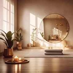 a living room with a round mirror on the wall and candles in front of it