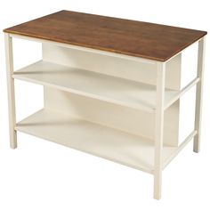 a white shelf with two shelves on each side and a wooden top in the middle