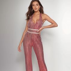 Olivia Mark - Chic Sequin Jumpsuit with Waist Belt for Parties and Casual Wear Fitted Halter Neck Jumpsuits And Rompers For Party Season, Fitted Halter Neck Jumpsuit For Party Season, Glamorous Fitted Halter Neck Jumpsuits And Rompers, Pink Halter Neck Jumpsuit For Party, Sequin Jumpsuit, Stylish Maternity, Maternity Pants, Red S, Jumpsuit Fashion