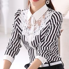 Elegant Striped Lace Long Sleeve Embroidery Office Blouse Shirt Áo Blu, Women Lace Blouse, Lace Blouse Long Sleeve, Fashion 2016, Formal Shirt, Blouse Long Sleeve, Lace Top Long Sleeve, Women Blouse, Striped Long Sleeve Shirt