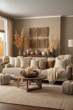 Light And Neutral Living Room, Neutral Wooden Living Room, Cream And Natural Wood Living Room, Earthy Tone Decor, Living Room Decor Neutral Beige, Natural Lounge Ideas, Beige Wood Furniture, Orange And Neutral Living Room, Taupe Decorating Ideas