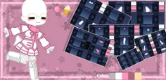 an anime character is standing in front of some pink and black squares with hearts on them