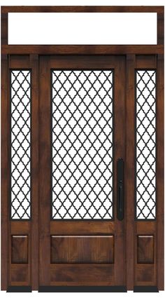 the front door is made out of wood and has an intricate lattice design on it