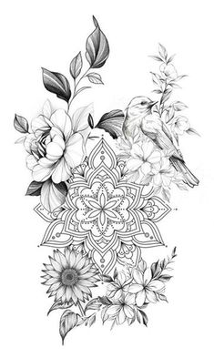 a black and white drawing of flowers with birds on it's back side, surrounded by leaves