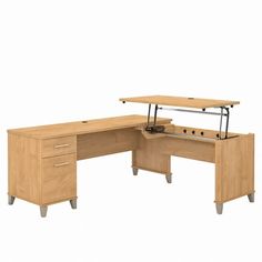 an l shaped desk with two drawers and a pull out keyboard drawer in the middle