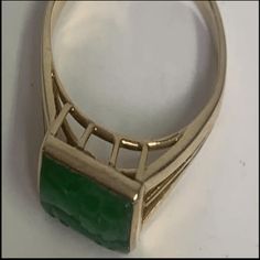 Antique Jade Ring Fine Jewelry Green Signet Ring With 17 Jewels, Elegant 14k Stamped Emerald Ring, Antique Green Ring With 17 Jewels, Elegant Green Intaglio Ring, Fine Jewelry 14k Gold Green Emerald Ring, Collectible Green Emerald Ring In 14k Gold, Green 14k Gold Emerald Ring Collectible, Collectible 14k Gold Emerald Ring, 14k Gold Green Emerald Ring, Fine Jewelry