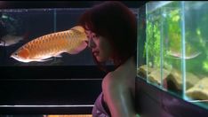 a woman looking at a fish in an aquarium