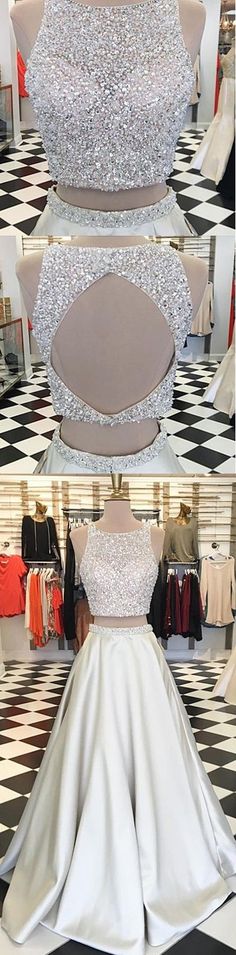 Grey open back glitter halter top, bare midriff, flowing solid silk skirt. | ashliwankhanobi Bling Prom Dresses, Prom Gowns Elegant, Prom Dress Two Piece, Prom Dress Short, Ivory Prom Dresses, Prom Fashion, White Evening Gowns, Dresses Sequin, Formal Dresses For Teens