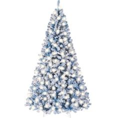 a blue and white christmas tree with lights