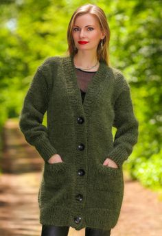 "----------READY TO SHIP by SuperTanya---------- Brand: SuperTanya; Style: hand knitted cardigan; Material: premium class soft mohair; Color: Green Design: V neck thick mohair cardigan Size & Measurements of the cardigan: Body length, measured from the shoulder top to the bottom end: 33.5\" / 85  cm; Chest width, measured at the back, between the underarms: 20,9\" / 53 cm; Sleeve length, measured from the neckline to the end of the cuff: 28,4' / 72 cm Net weight: 1.060 kg *All measurements are t Cardigan Handmade, Modest Fashion Hijab, Mohair Cardigan, Green Cardigan, Hand Knitted Sweaters, Mohair Sweater, Cardigan Fashion, Knitted Cardigan, Green Design