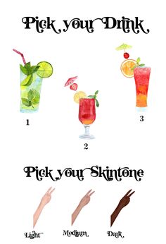 a poster with different types of cocktails and their names in black ink on white paper