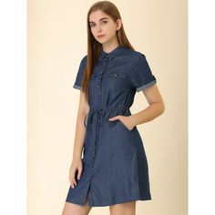 The Chambray dress livens up your summer look. The comfortable denim shirt dress gives you a casual look. The Allegra K denim shirt dress is comfortable and it is suitable for summer. It features a pointed collar, a drawstring waist, and four practical pockets. This Allegra K dress will become a casual favorite. Perfect for casual, party, beach, club, daily, and summer wear. This dress is suitable for many occasions, such as Travelling, Vacation, Shopping, etc. Button Down Denim Dress, Short Sleeve Denim Shirt, Denim Dresses, Outfits Petite, Jean Dress, Current Fashion, 2022 Trends, Early Spring Outfits, Outfits 2022