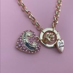 Juicy Couture Charm Necklace Super Cute! Brand New Never Used Charms: *Juicy *Heart Adjustable Length Iconic Charms Include A Gemstone-Filled Written Heart, Lettered Flat Heart Charm, Crown, Pink Diamond Choker, Cher Horowitz Jewelry, Juicy Coture Necklace, Chrissy Necklace, Mcbling Necklace, Wl Rewards, Juicy Culture, Juicy Couture Charm Necklace, 2000s Jewelry