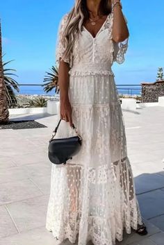 Feminine Short Sleeve Lace Maxi Dress, Elegant Short Sleeve Lace Maxi Dress, Chic Lace Patchwork Maxi Dress, Chic Maxi Lace Patchwork Dress, Summer V-neck Maxi Dress With Lace Sleeves, Summer Floor-length Lace Dress With Lace Trim, Short Sleeve Lace Patchwork Maxi Dress, Short Sleeve Lace Maxi Dress With Patchwork, Short Sleeve Lace Maxi Dress With Lace Patchwork