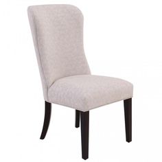 a white upholstered chair with black legs