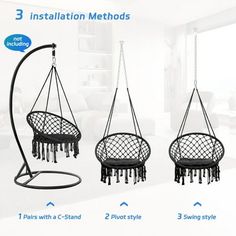 three different types of hanging chairs in the living room with instructions on how to install them