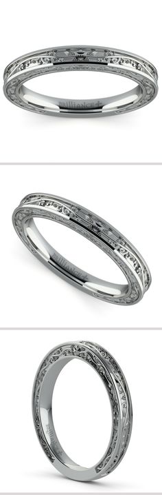 This elegant 14k or 18k white gold antique wedding band is 2.5 millimeters wide and features floral detailing on the inside and outside of the band. Wedding Rings Silver, Antique Wedding Ring, Antique Wedding Bands, Antique Wedding Rings, Wedding Engagement Ring, Antique Wedding, Rings Silver, White Gold Wedding Rings, Phone Camera