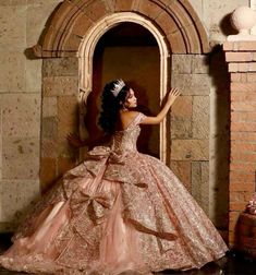 Rose Gold Quinceanera Dresses With Bow, Rose Gold Ball Gown, Prom Dress Sparkly, Gold Ball Gown, Gold Quinceanera, Rose Gold Prom Dress