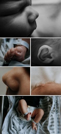 several different images of baby's hands and feet in black and white, including an infant's head