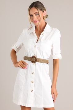 Stay cool and stylish in this breathable Reach Land's End Ivory Button Down Shirt Dress. With its cute and simple design, this classic dress is perfect for any occasion. Perfect for a casual day out or dressed up for a night on the town. Features a collar neckline, functional buttons, roll tab sleeves, a detachable woven & wooden belt, and two breast pockets. 97% Cotton, 3% Spandex Hand Wash Cold Unlined Belt measures 40.5" Imported Model is wearing a size small Sorority Rush Dresses, Button Shirt Dress, Rush Dresses, Cardigan Crop Top, Land's End, Button Down Shirt Dress, Red Dress Boutique, Dress Bra, Dresses Red