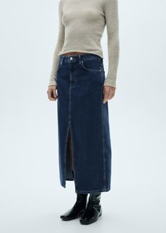 Denim midi-skirt - Women | MANGO USA Midi Skirt With Sneakers, Skirts With Sneakers, Midi Jean Skirt, Midi Denim, Denim Style, Denim Midi Skirt, Women Skirts Midi, Jean Skirt, Denim Fashion