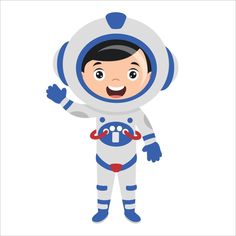 a boy in a space suit waving at the camera with his hand up and smiling