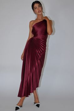 Shop the Brooklynn One-Shoulder Accordion Pleat Wine | Selfie Leslie Evening Satin Pleated Dress, Party Midi Dress With Pleated Bodice And Off-shoulder Design, Off-shoulder Pleated Evening Dress, Strapless Pleated Midi Cocktail Dress, One Shoulder Pleated Maxi Dress For Night Out, Ruched Midi Length Evening Dress For Prom, Ruched Midi Evening Dress For Prom, Evening Satin Maxi Dress With Folds, Strapless Pleated Midi Dress For Evening