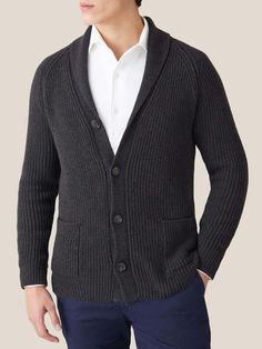 Our staple cardigan is meticulously crafted in Bergamo, Northern Italy, from sumptuous four-ply cashmere. With a substantial weight of approximately 800 grams and a refined gauge five knit, it offers effortless comfort and a cosy structure. The ribbed shawl collar drapes elegantly, adding a touch of heritage charm to any ensemble. Finished with classic horn buttons and double-front patch pockets, it embodies timeless craftsmanship.     We are proud to source only the finest A-grade fibres to pro Cardigan Outfit Men, Grey Shawl, Winter Trousers, Cardigan Outfit, Shawl Collar Cardigan, Shawl Cardigan, Cashmere Jumper, Collar Cardigan, Fine Yarn