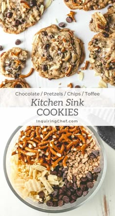 chocolate, pretzels, and chips toffee cookies in a glass bowl