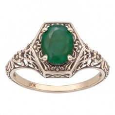 10k-yellow-gold-vintage-style-genuine-oval-emerald-filigree-ring Fine Jewelry Emerald Ring With Intricate Design, Antique Gold Emerald Ring With Intricate Design, Heirloom Emerald Ring With Intricate Design, Gold Oval Gemstone Filigree Ring, Gold Emerald Ring With Intricate Design, Oval Shape, Oval 14k Gold Engraved Filigree Ring, Victorian Oval Emerald Ring In Yellow Gold, Vintage Engraved Emerald Ring For Anniversary, Antique Oval Filigree Ring With Intricate Design