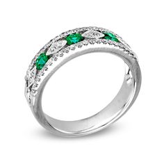 Emerald and 1/3 CT. T.W. Diamond Alternating Anniversary Band in 14K White Gold | Anniversary Rings | Wedding | Zales Fine Jewelry Green Emerald Ring With Single Cut Diamonds, Classic Green Emerald Ring With Single Cut Diamonds, Green Diamond Ring With Diamond Accents, Green Diamond Half Eternity Round Cut Ring, Green Emerald Diamond Ring With Pave Setting, Fine Jewelry Green Emerald Half Eternity Ring, Green Emerald Ring With Half Eternity Style, Green Emerald Half Eternity Ring Fine Jewelry, Green Emerald Ring With Diamond Accents