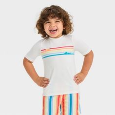 Toddler Short Sleeve Rainbow Graphic Rash Guard Top - Cat & Jack™ White 3T Rainbow Graphic, Boys Swim Shorts, Swim Shirt, Baby Swimwear, Retro Beach, Beach Sunrise, Cat Top, Swim Shirts, Baby Shorts