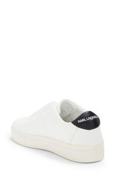 A stretchy-gore panel makes this colorblock sneaker easy to slip in and out of, while a tiny Karl pin punctuates the leather for a touch of attitude. Leather, textile, rubber and metal upper/synthetic lining/rubber sole Imported White Synthetic Slip-ons With Perforated Toe Box, White Low-top Slip-ons For Sports, White Leather Slip-on Sneakers For Sports, Sporty Slip-ons With Rubber Sole For Streetwear, Streetwear Sneakers With Contrast Sole And Slip-on Design, Low-top Slip-ons With Contrast Sole For Streetwear, Streetwear Low-top Slip-ons With Contrast Sole, Sporty Leather Slip-ons With Vulcanized Sole, Sporty White Slip-ons With Rubber Sole