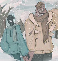 two people walking through the snow in winter