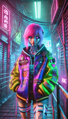 a woman with pink hair and neon makeup is standing in an alleyway wearing a colorful jacket