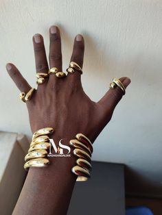 Wholesale set of 5 bracelets with matching rings. African Bangles, Eva Marcille, Bracelets Sets, African Bracelets, Earthy Jewelry, Brass Rings, Big Jewelry, Brand Assets, Gold Statement Ring